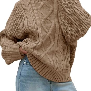 Womens Oversized Cable Knit Sweaters  Fall Winter Trendy Button Up Turtleneck Chunky Pullover Sweater Tops