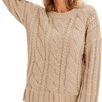 Womens Chunky Cable Knit Sweaters Long Sleeve Crew Neck Fall Casual Loose Warm Pullover Tops
