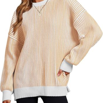 Women  Fall Lightweight Oversized Sweater Crew Neck Long Sleeve Color Block Pullover Rib Knit Blouse Tops